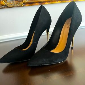 Black Suede High Heel Pumps - Gold Metal Stiletto Heel